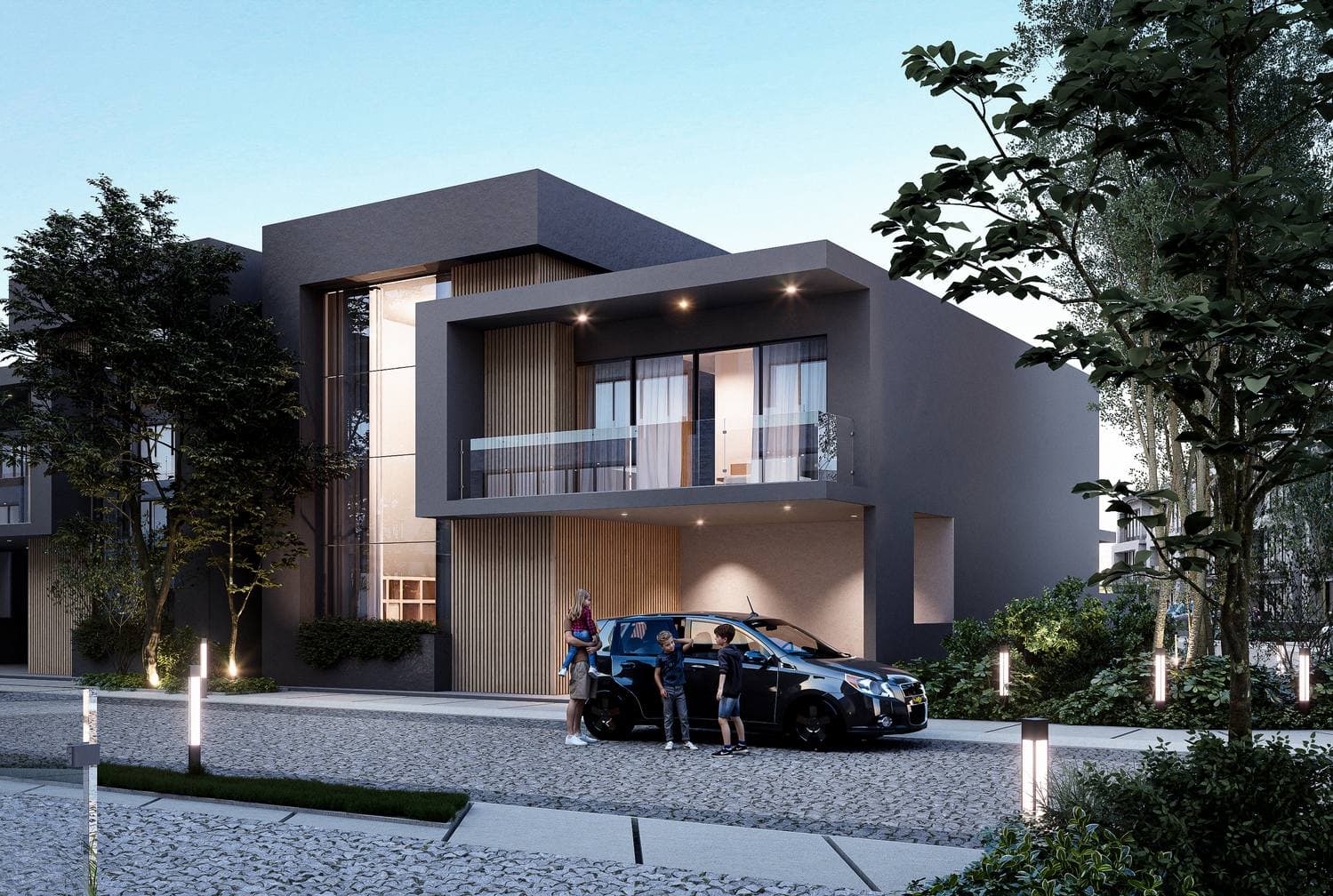 Residencias frente al agua al atardecer