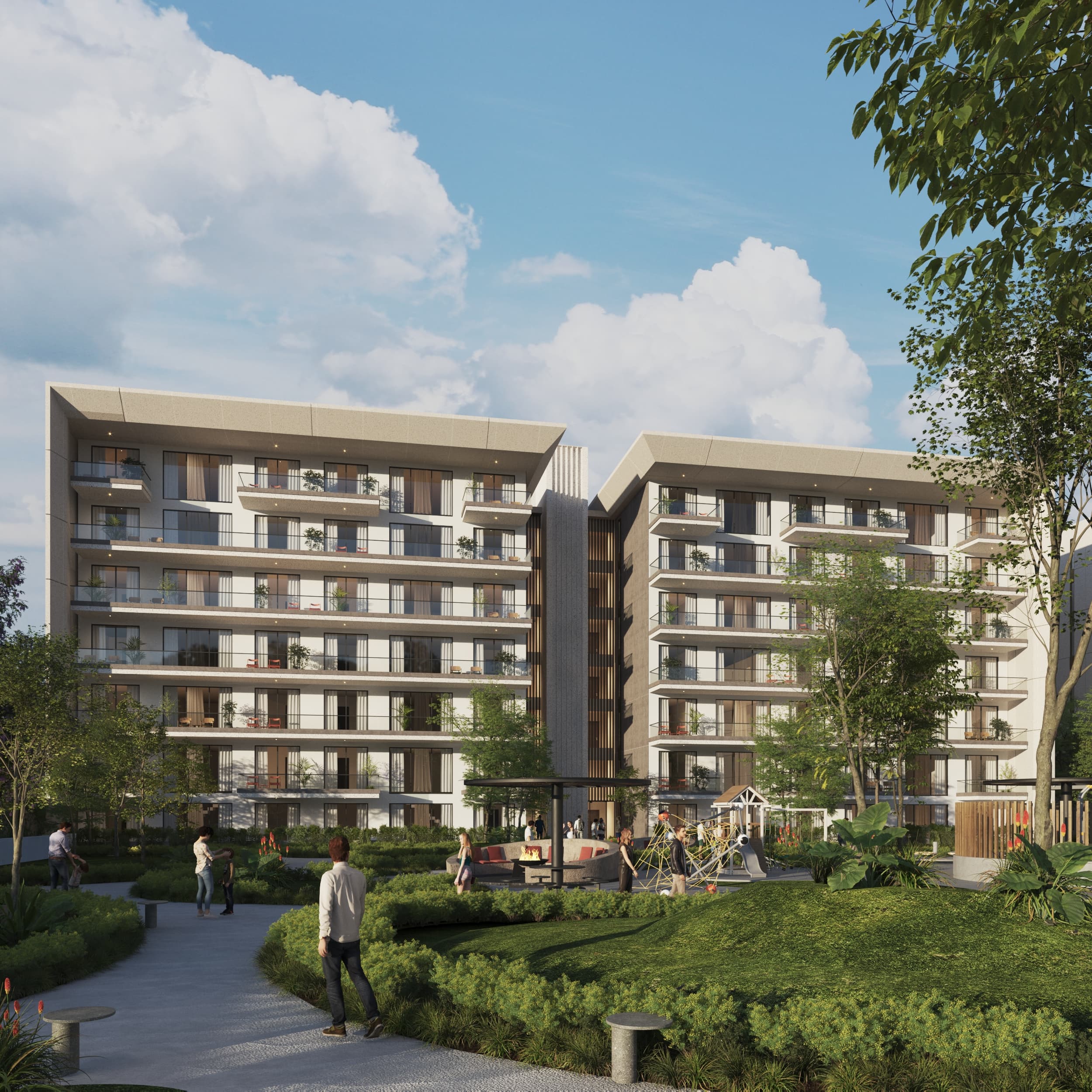 Residencias frente a un parque urbano arbolado